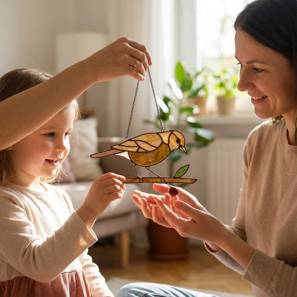 Stained glass American Robin bird suncatcher with orange breast hanging on window, handmade state bird gift for Michigan Wisconsin Connecticut, spring garden decor by LuzyGlassArt.