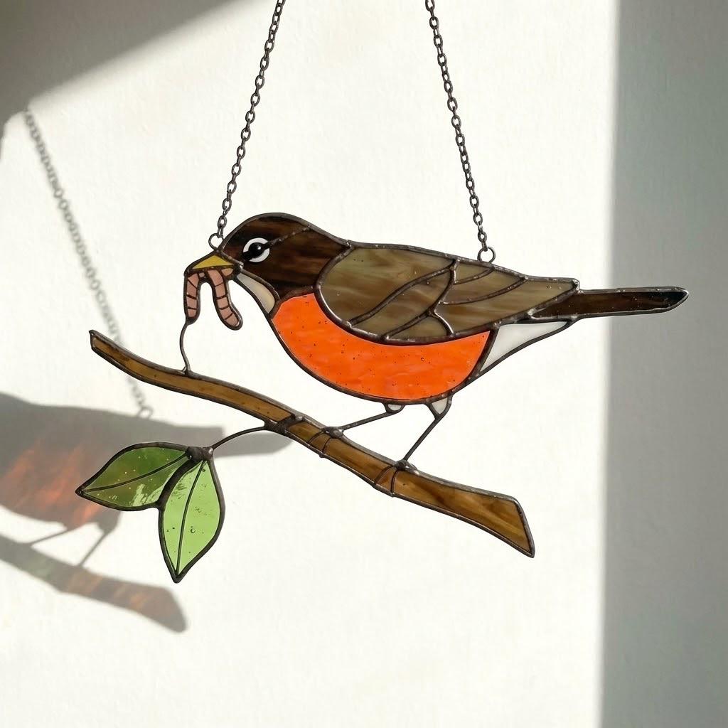 Stained glass American Robin bird suncatcher with orange breast hanging on window, handmade state bird gift for Michigan Wisconsin Connecticut, spring garden decor by LuzyGlassArt.