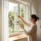 Stained glass American Robin bird suncatcher with orange breast hanging on window, handmade state bird gift for Michigan Wisconsin Connecticut, spring garden decor by LuzyGlassArt.