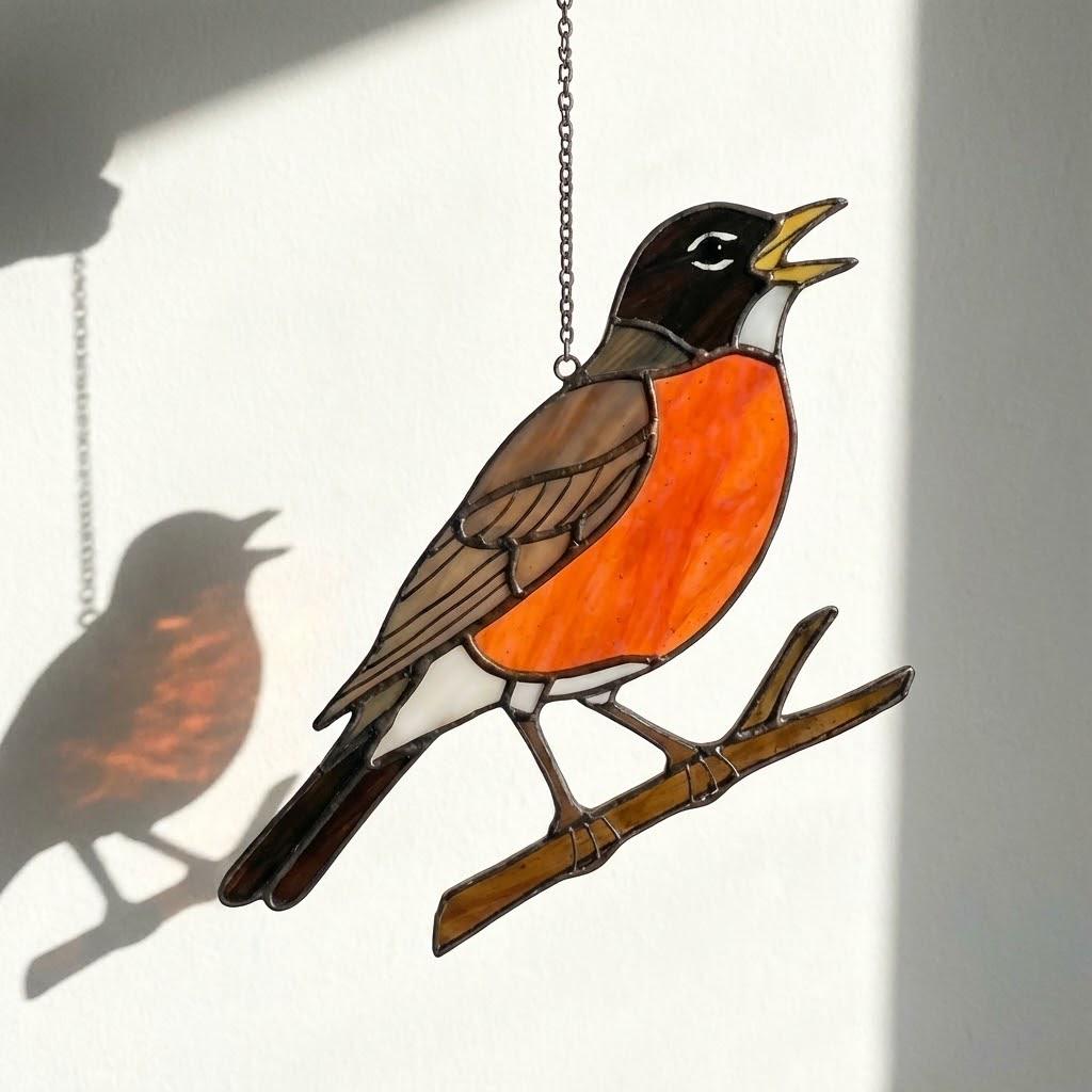 Stained glass American Robin bird suncatcher with orange breast hanging on window, handmade state bird gift for Michigan Wisconsin Connecticut, spring garden decor by LuzyGlassArt.