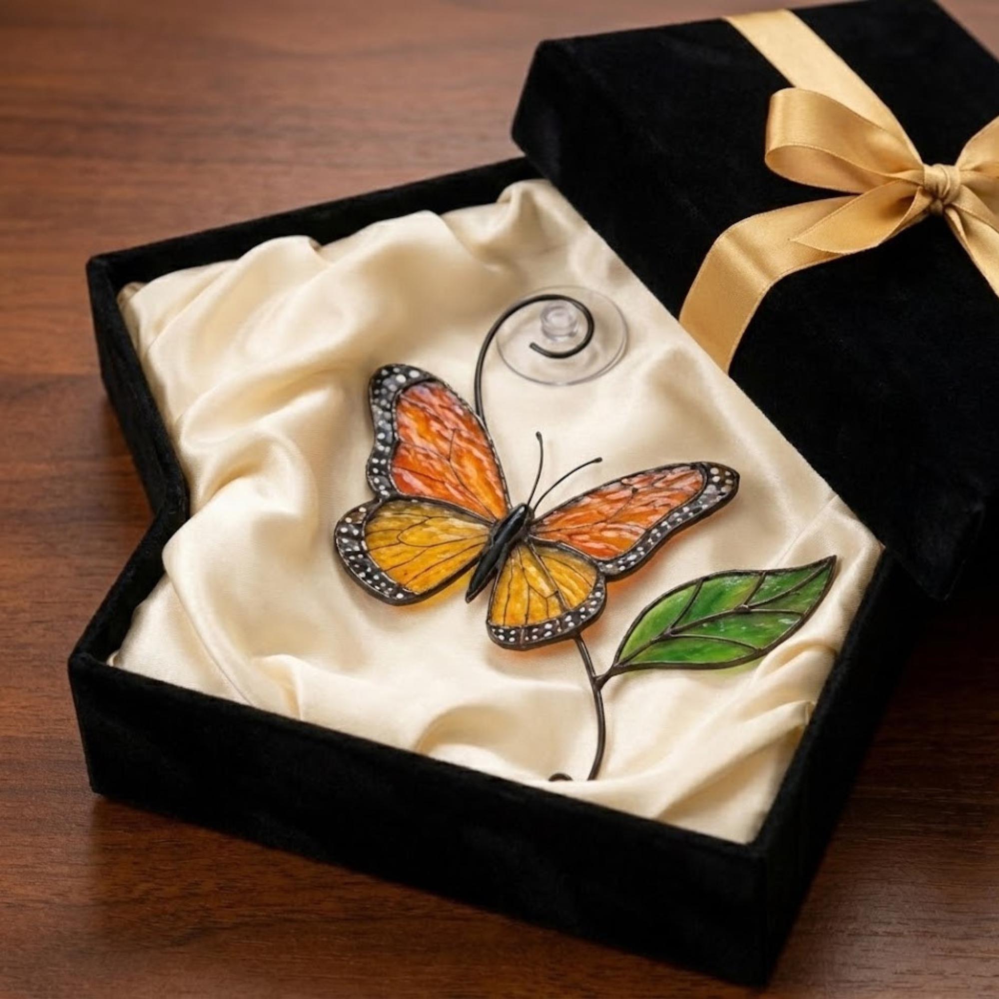 Stained glass monarch butterfly suncatcher, orange and black window hanging, nature lover gift, memorial ornament decor.