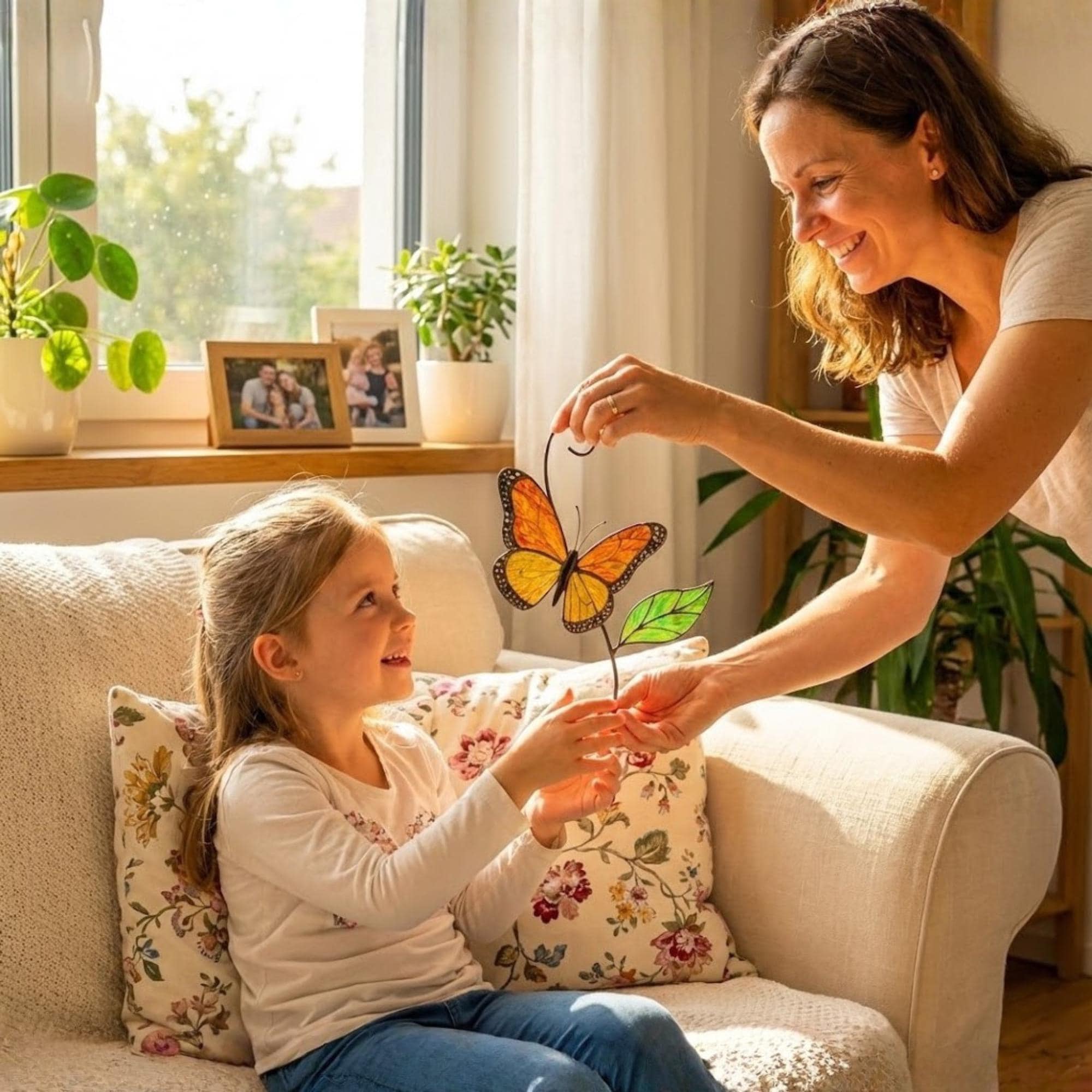 Stained glass monarch butterfly suncatcher, orange and black window hanging, nature lover gift, memorial ornament decor.