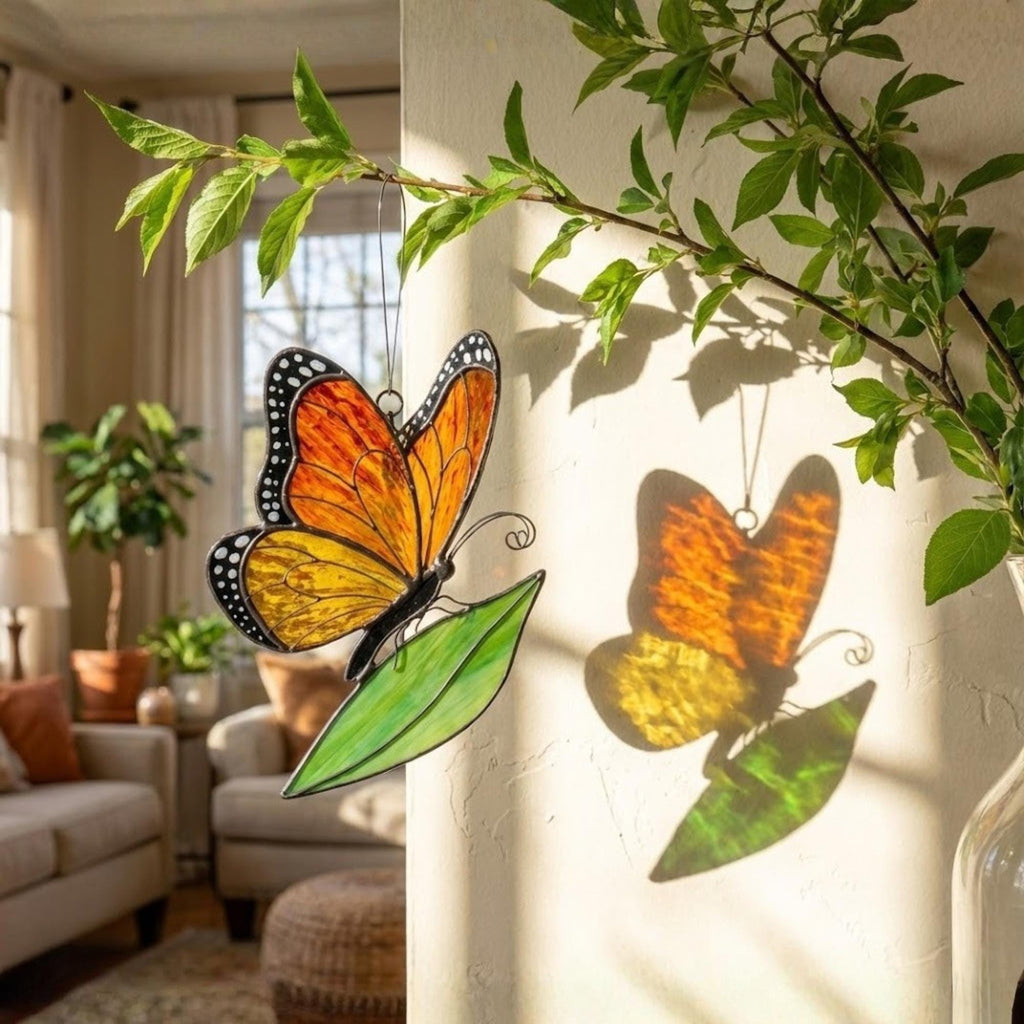 Stained glass monarch butterfly suncatcher, orange and black window hanging, nature lover gift, memorial ornament decor.