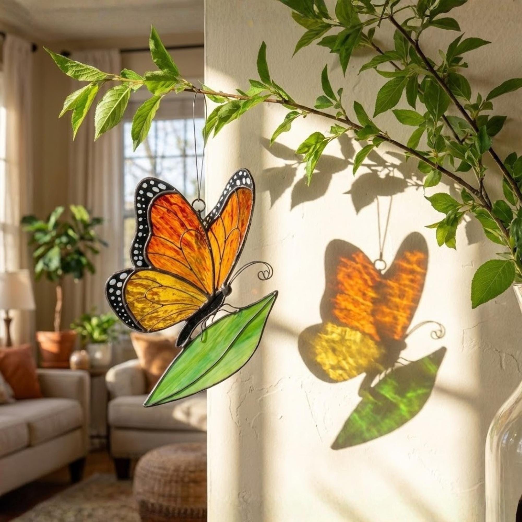 Stained glass monarch butterfly suncatcher, orange and black window hanging, nature lover gift, memorial ornament decor.