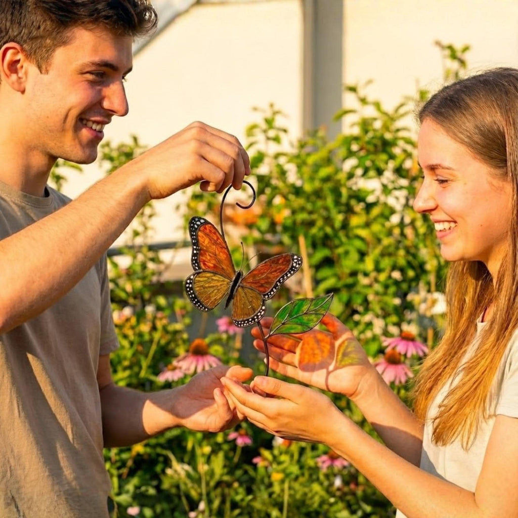 Stained glass monarch butterfly suncatcher, orange and black window hanging, nature lover gift, memorial ornament decor.