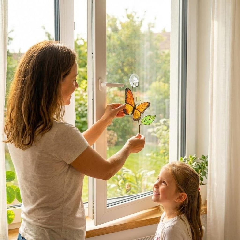 Stained glass monarch butterfly suncatcher, orange and black window hanging, nature lover gift, memorial ornament decor.