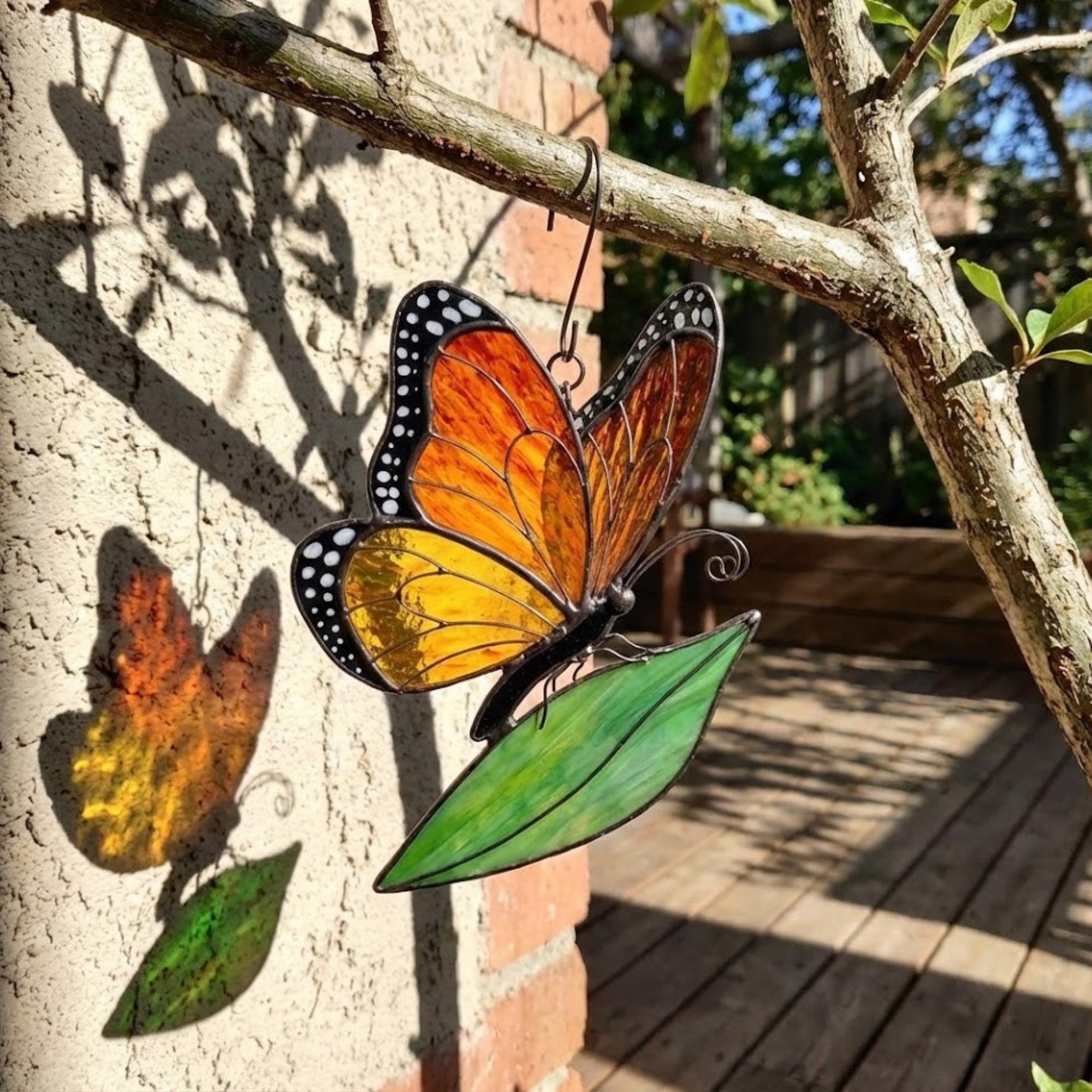 Stained glass monarch butterfly suncatcher, orange and black window hanging, nature lover gift, memorial ornament decor.