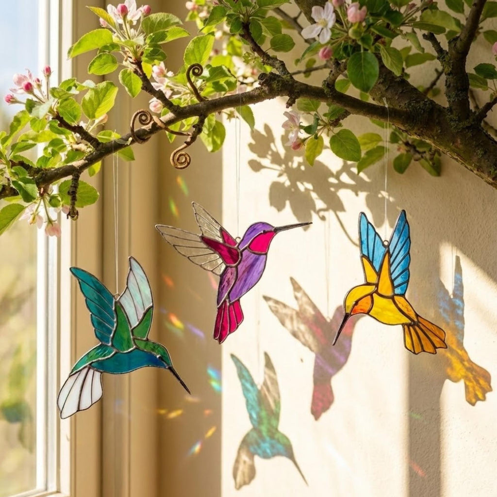 Stained glass hummingbird suncatcher, colorful bird window hanging, spring decor gift for mom, sympathy memorial ornament.
