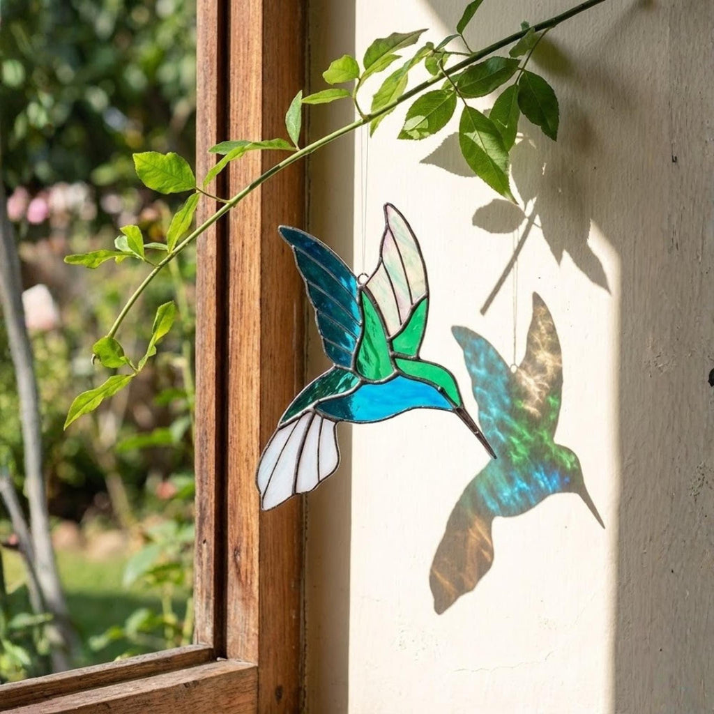 Stained glass hummingbird suncatcher, colorful bird window hanging, spring decor gift for mom, sympathy memorial ornament.
