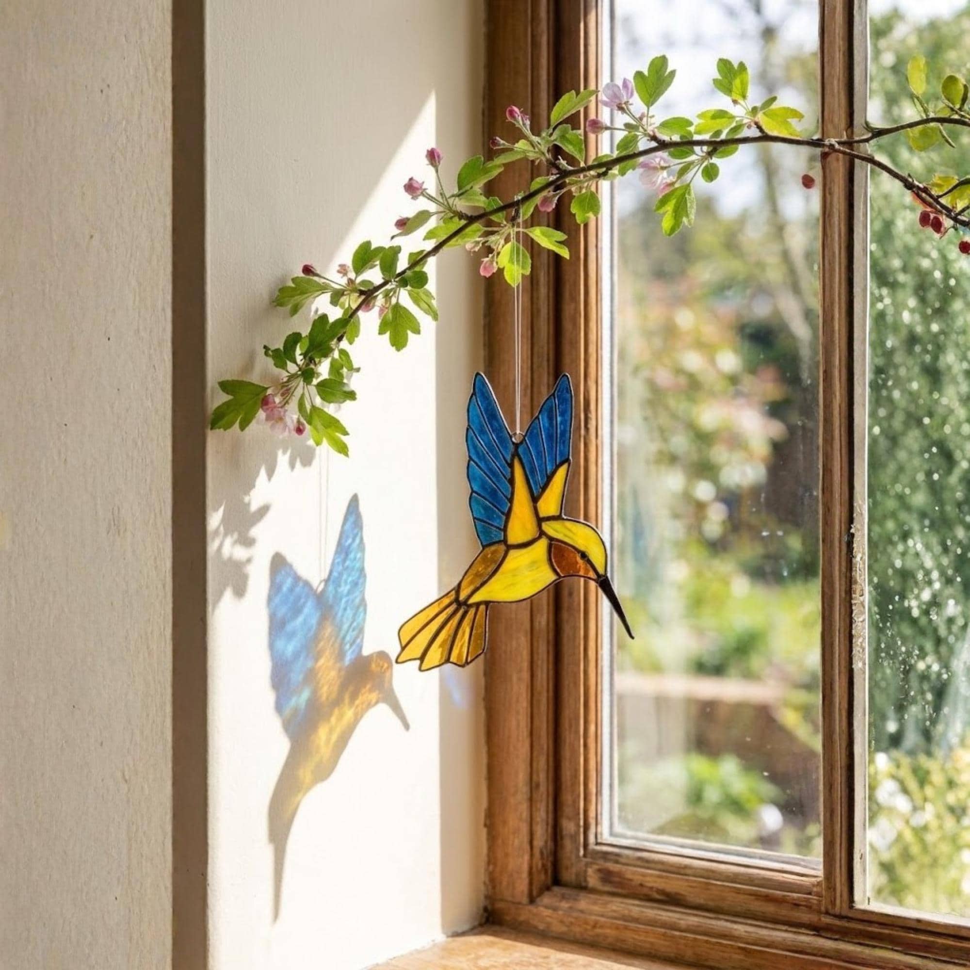 Stained glass hummingbird suncatcher, colorful bird window hanging, spring decor gift for mom, sympathy memorial ornament.