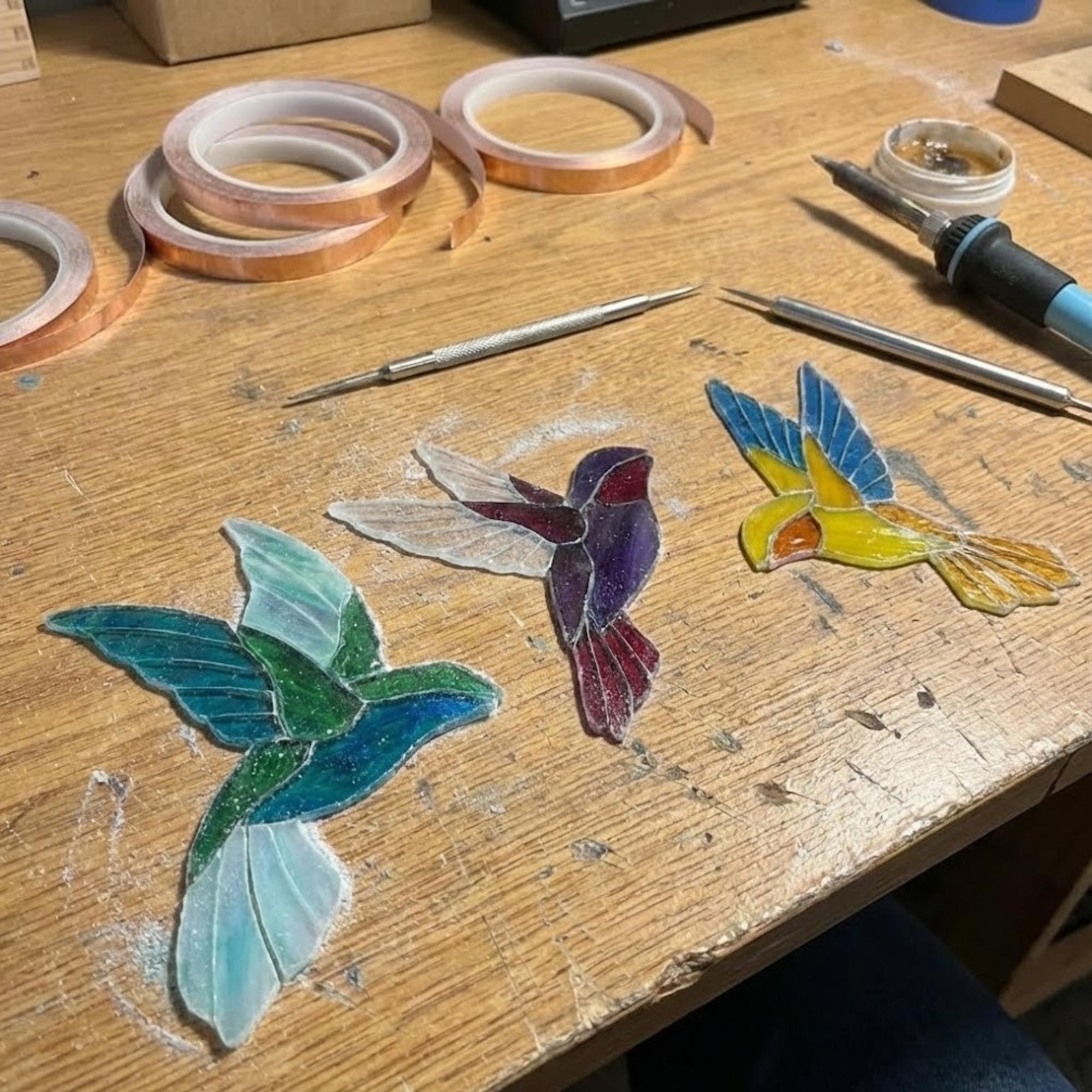 Stained glass hummingbird suncatcher, colorful bird window hanging, spring decor gift for mom, sympathy memorial ornament.