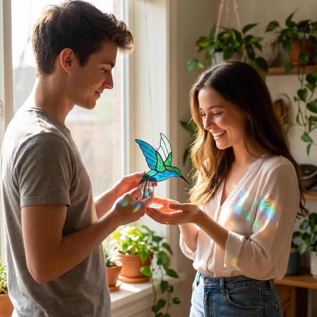 Stained glass hummingbird suncatcher, colorful bird window hanging, spring decor gift for mom, sympathy memorial ornament.