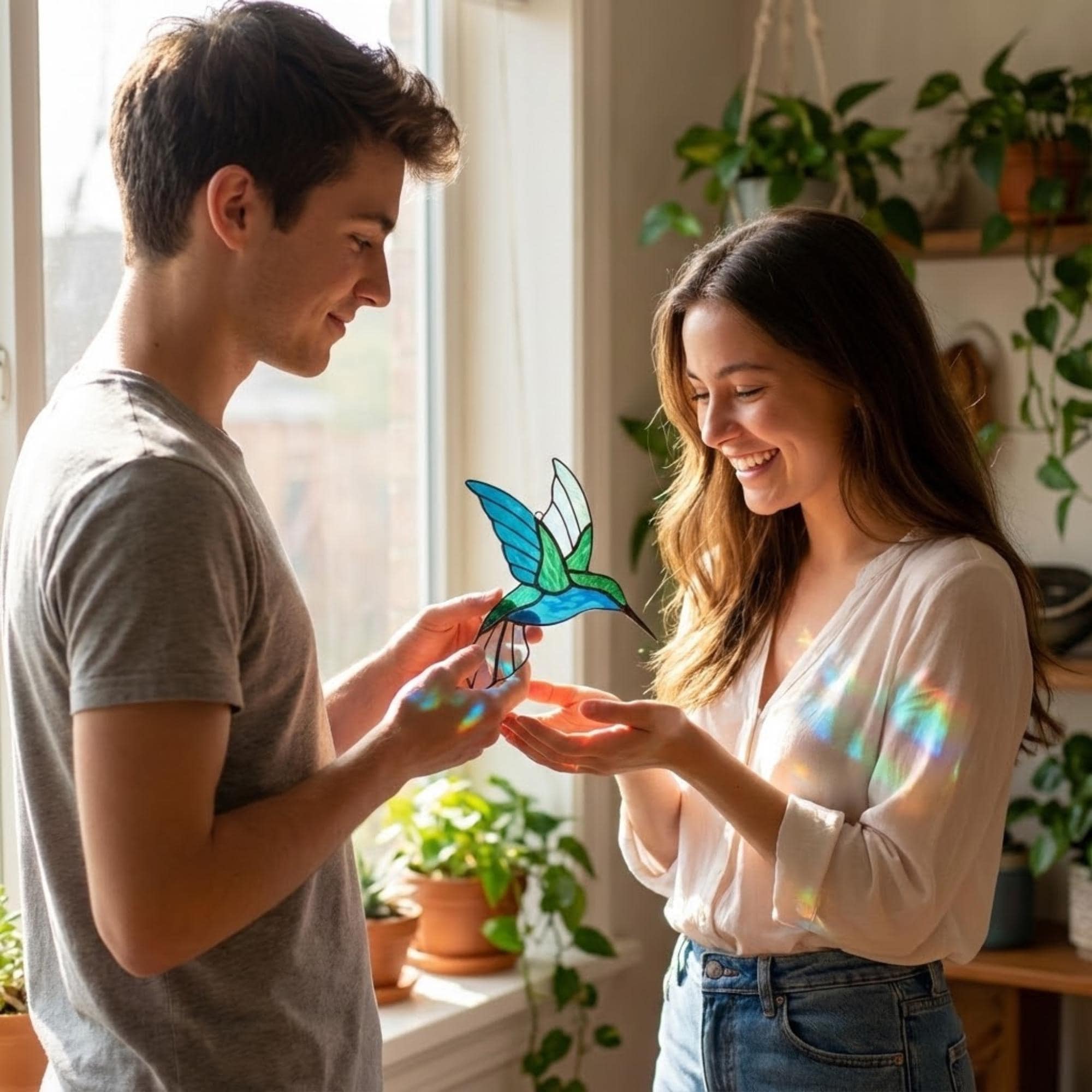 Stained glass hummingbird suncatcher, colorful bird window hanging, spring decor gift for mom, sympathy memorial ornament.