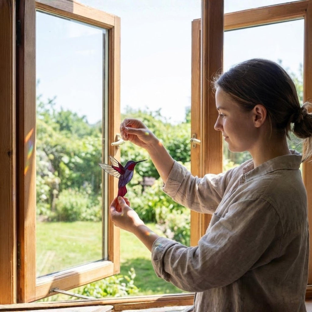 Stained glass hummingbird suncatcher, colorful bird window hanging, spring decor gift for mom, sympathy memorial ornament.
