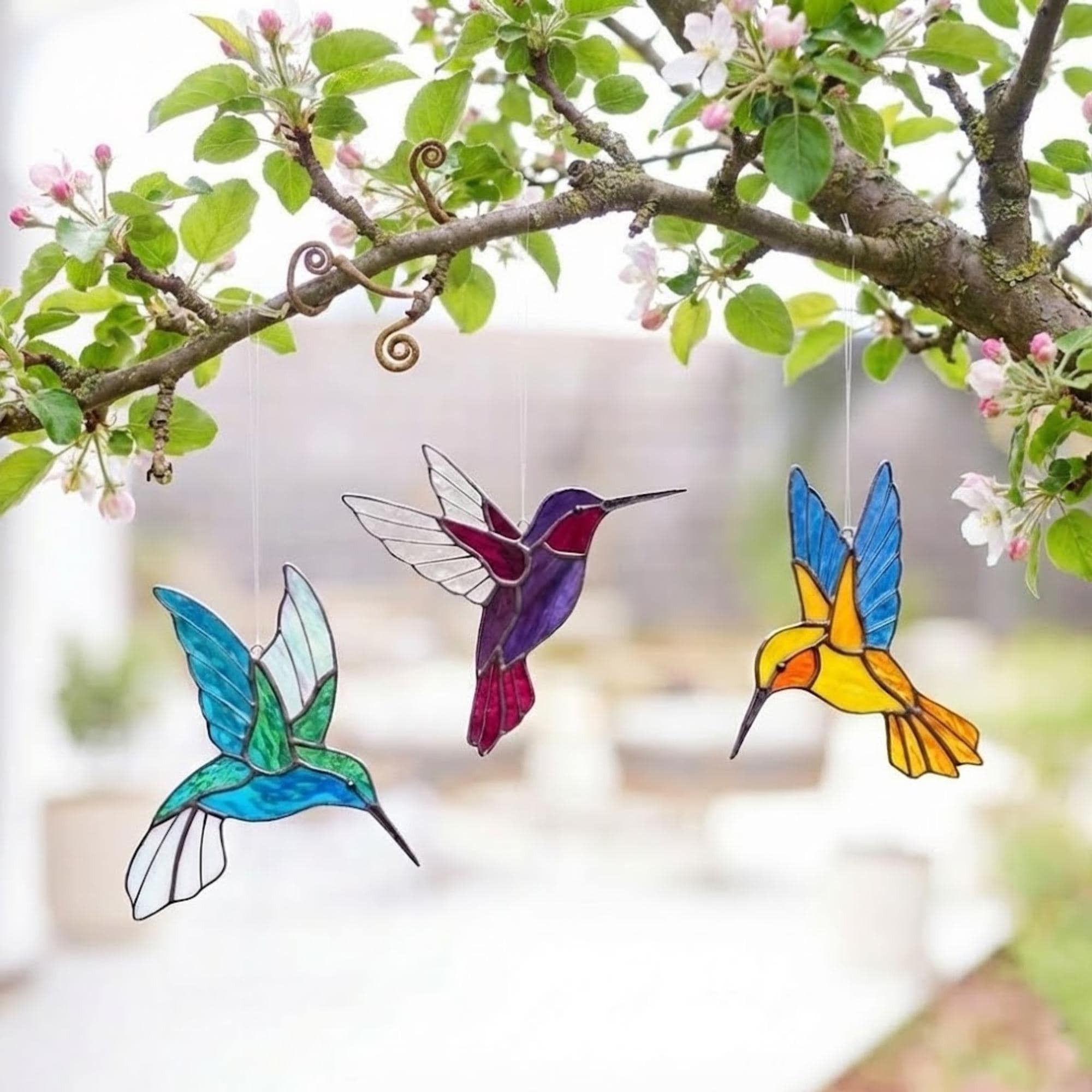 Stained glass hummingbird suncatcher, colorful bird window hanging, spring decor gift for mom, sympathy memorial ornament.