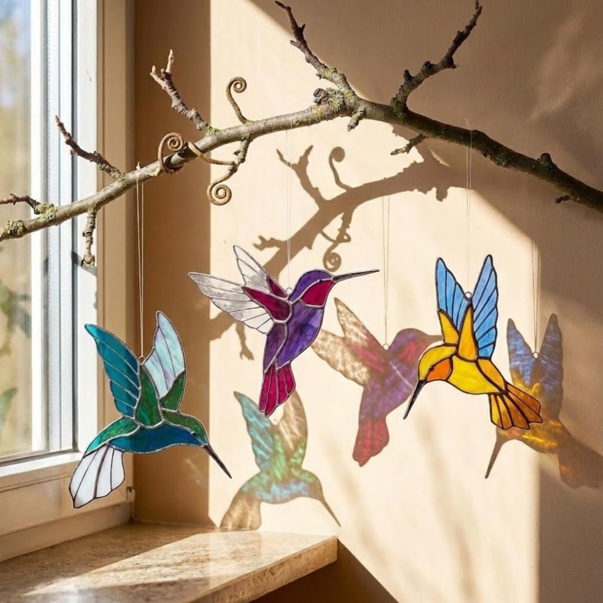 Stained glass hummingbird suncatcher, colorful bird window hanging, spring decor gift for mom, sympathy memorial ornament.