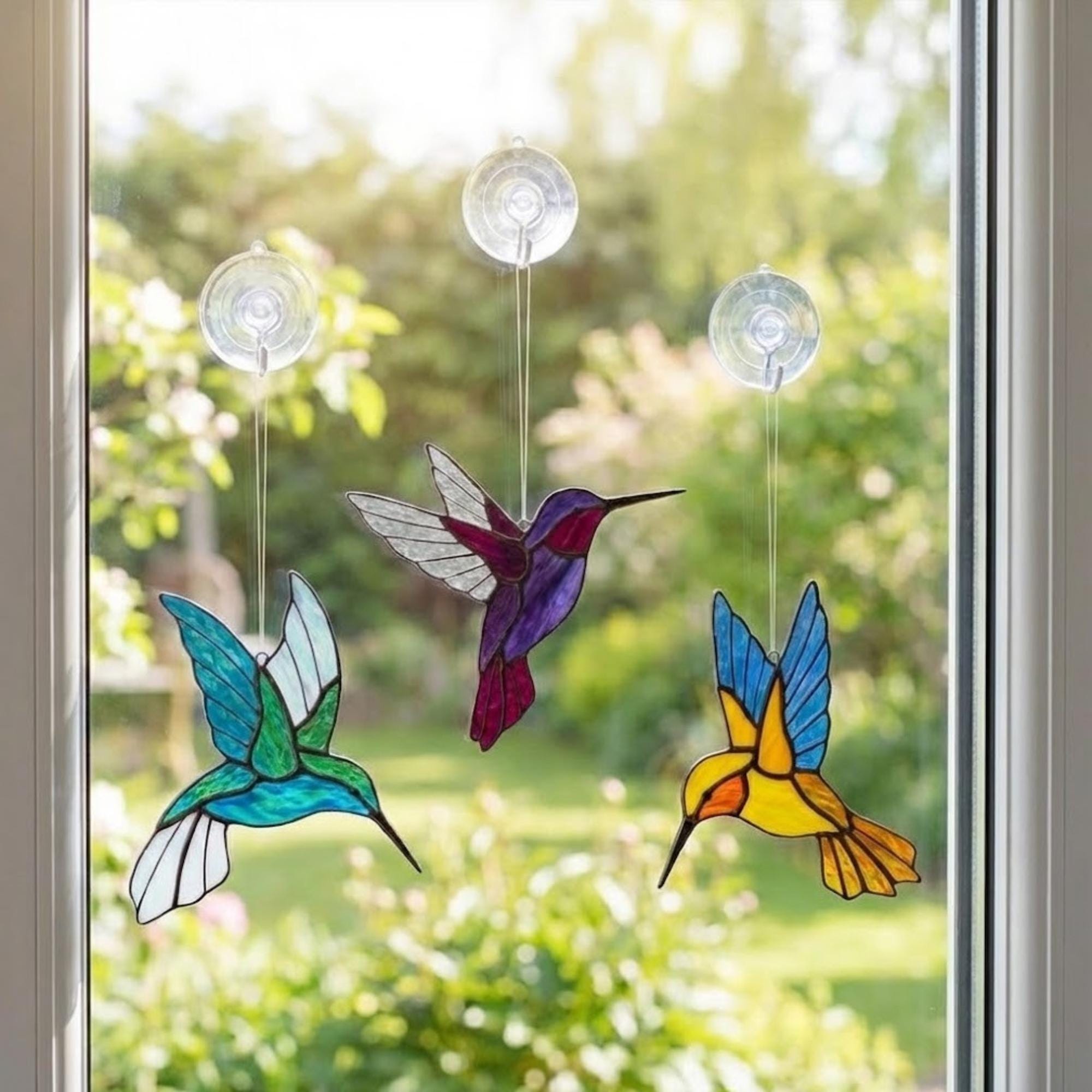 Stained glass hummingbird suncatcher, colorful bird window hanging, spring decor gift for mom, sympathy memorial ornament.