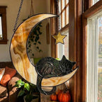 Stained glass black cat on crescent moon suncatcher, celestial window hanging with star, witchy decor and pet memorial gift.