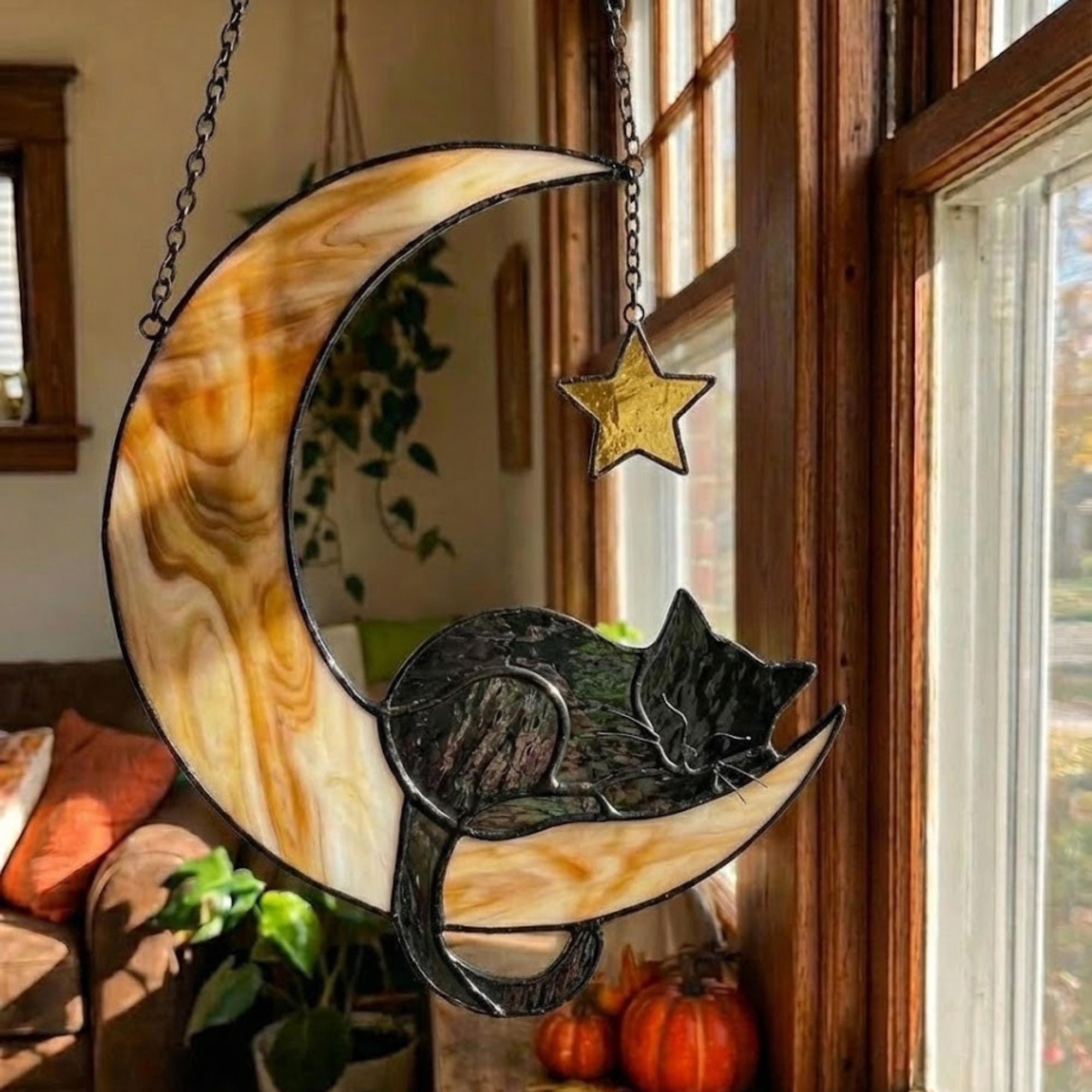 Stained glass black cat on crescent moon suncatcher, celestial window hanging with star, witchy decor and pet memorial gift.