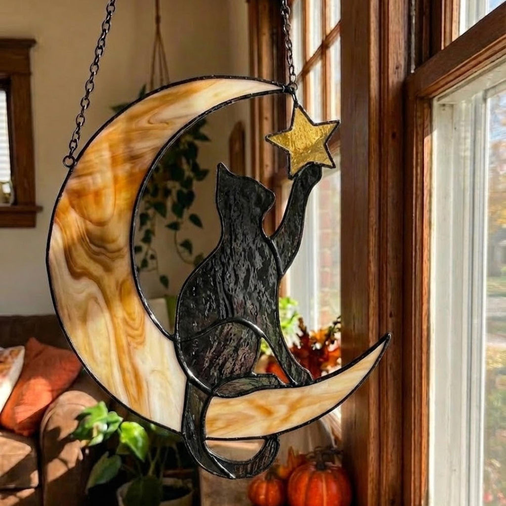 Stained glass black cat on crescent moon suncatcher, celestial window hanging with star, witchy decor and pet memorial gift.