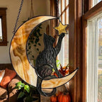 Stained glass black cat on crescent moon suncatcher, celestial window hanging with star, witchy decor and pet memorial gift.