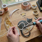 Stained glass black cat on crescent moon suncatcher, celestial window hanging with star, witchy decor and pet memorial gift.
