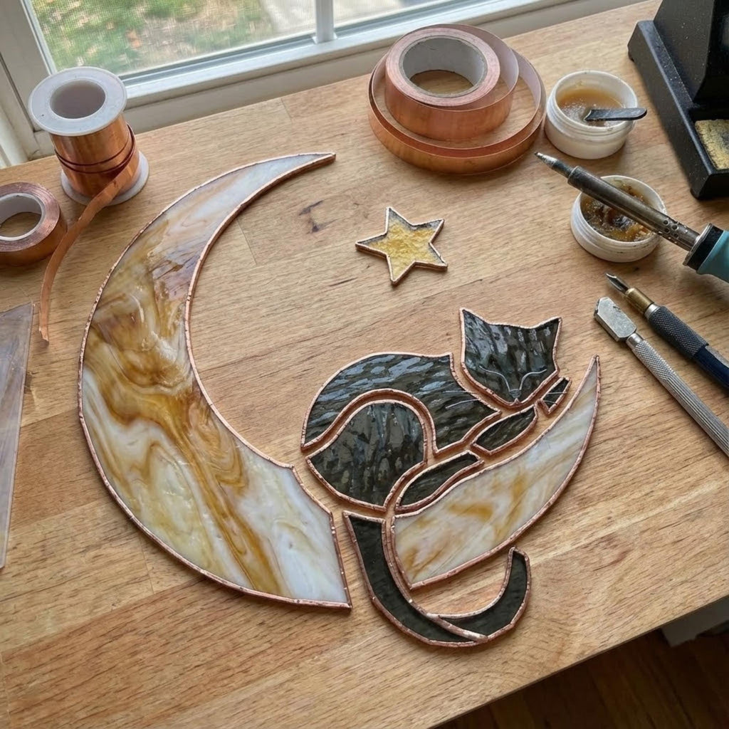 Stained glass black cat on crescent moon suncatcher, celestial window hanging with star, witchy decor and pet memorial gift.