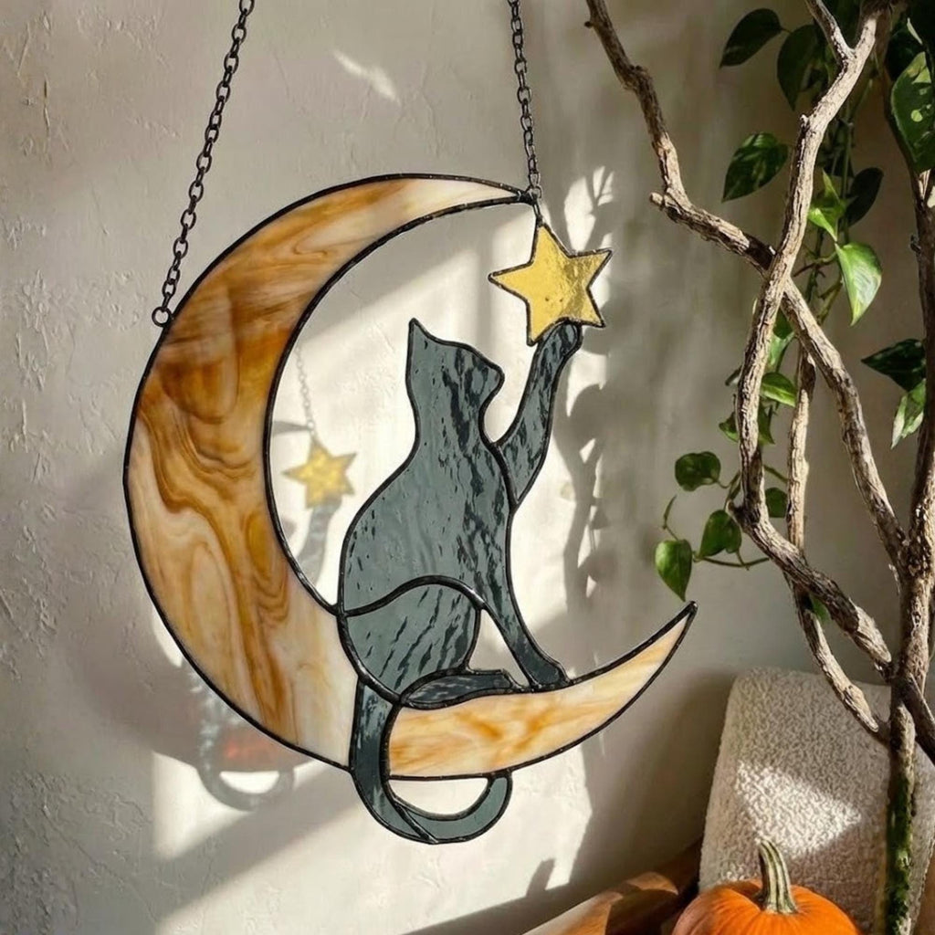 Stained glass black cat on crescent moon suncatcher, celestial window hanging with star, witchy decor and pet memorial gift.