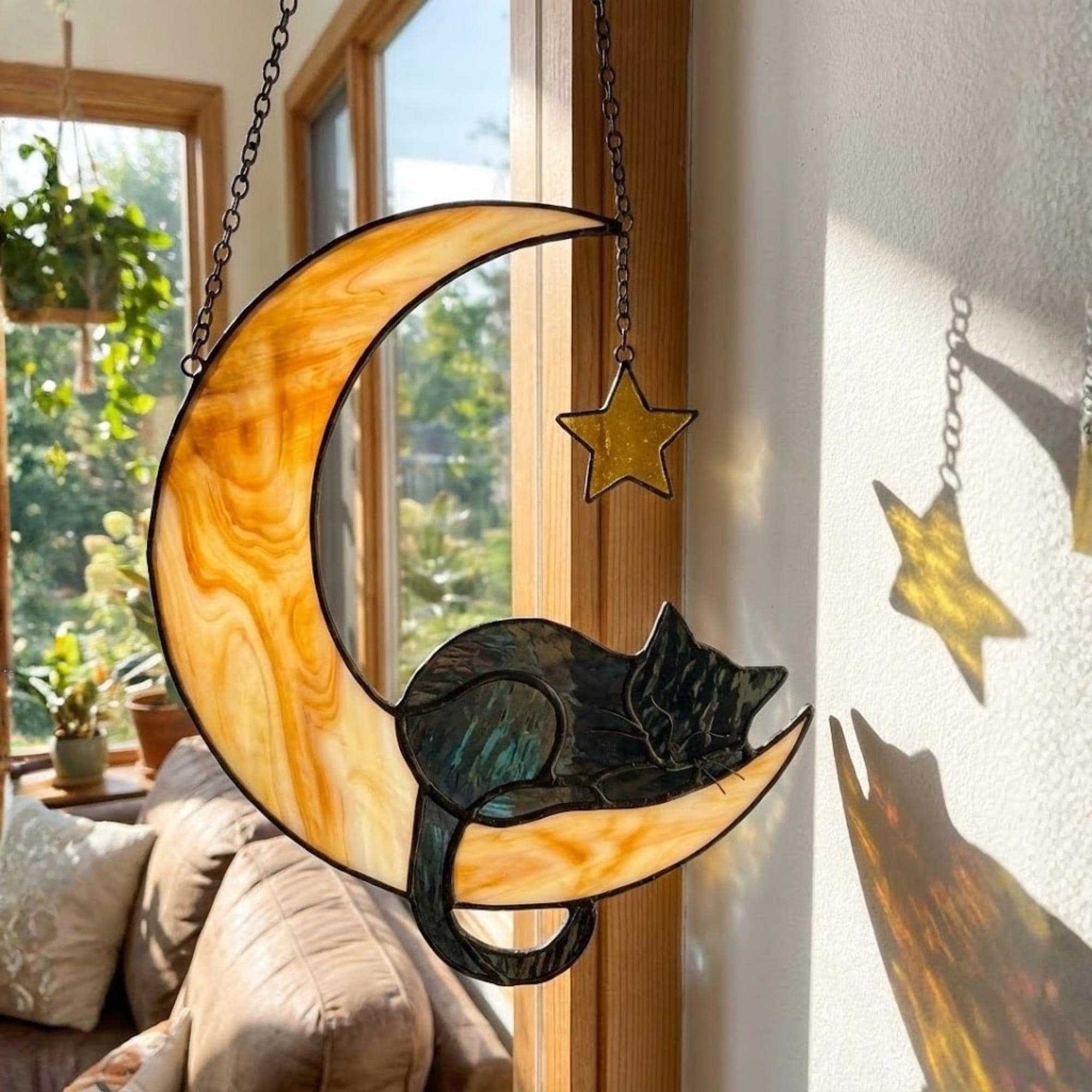 Stained glass black cat on crescent moon suncatcher, celestial window hanging with star, witchy decor and pet memorial gift.