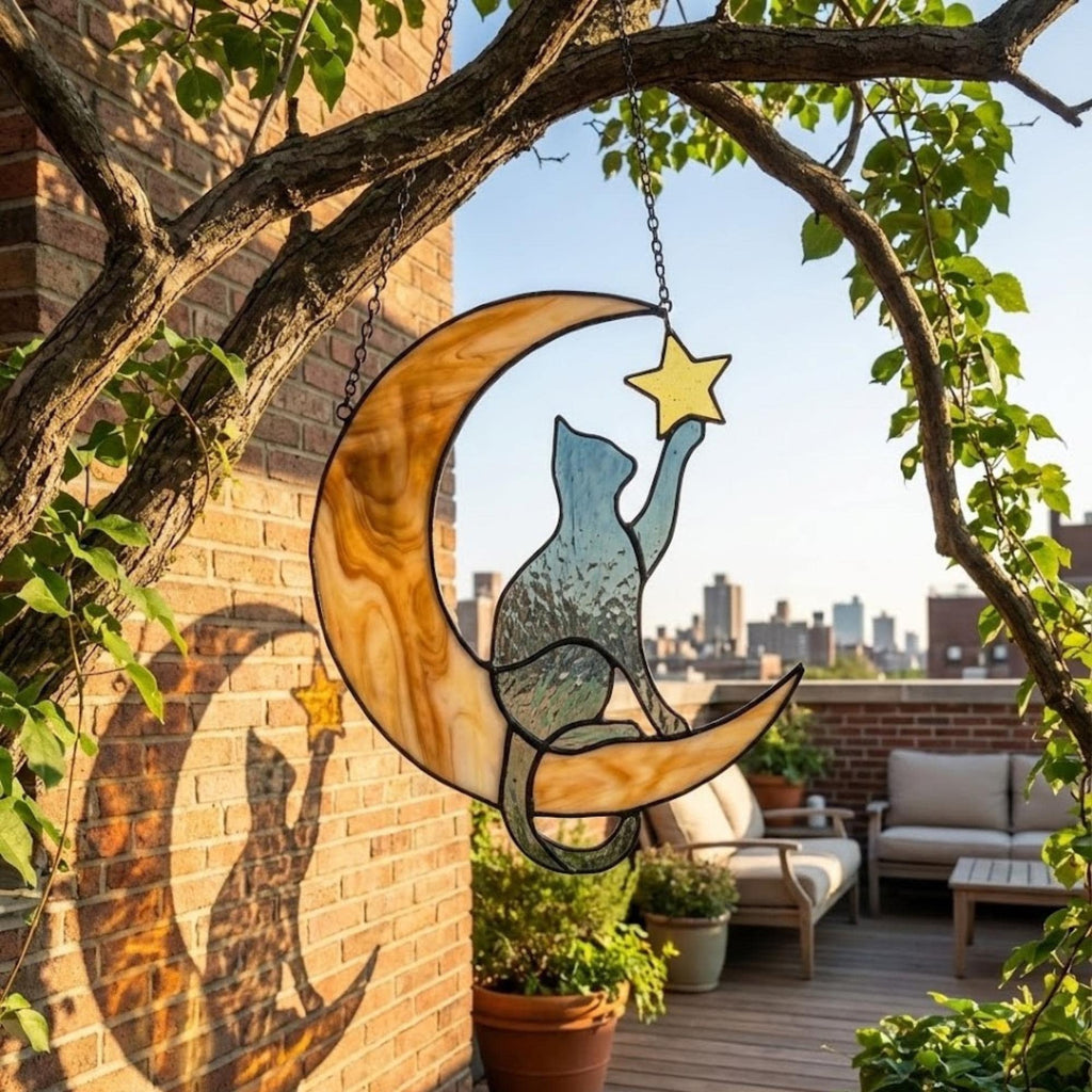 Stained glass black cat on crescent moon suncatcher, celestial window hanging with star, witchy decor and pet memorial gift.