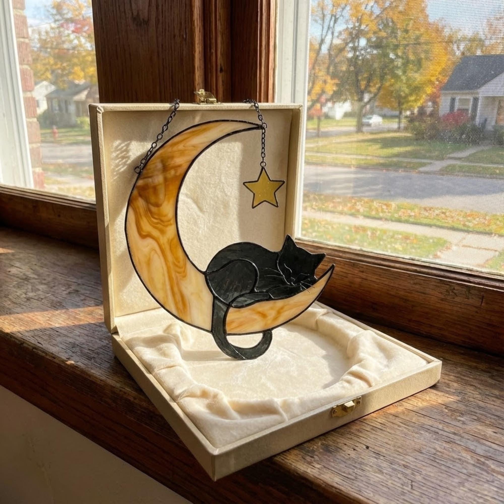 Stained glass black cat on crescent moon suncatcher, celestial window hanging with star, witchy decor and pet memorial gift.