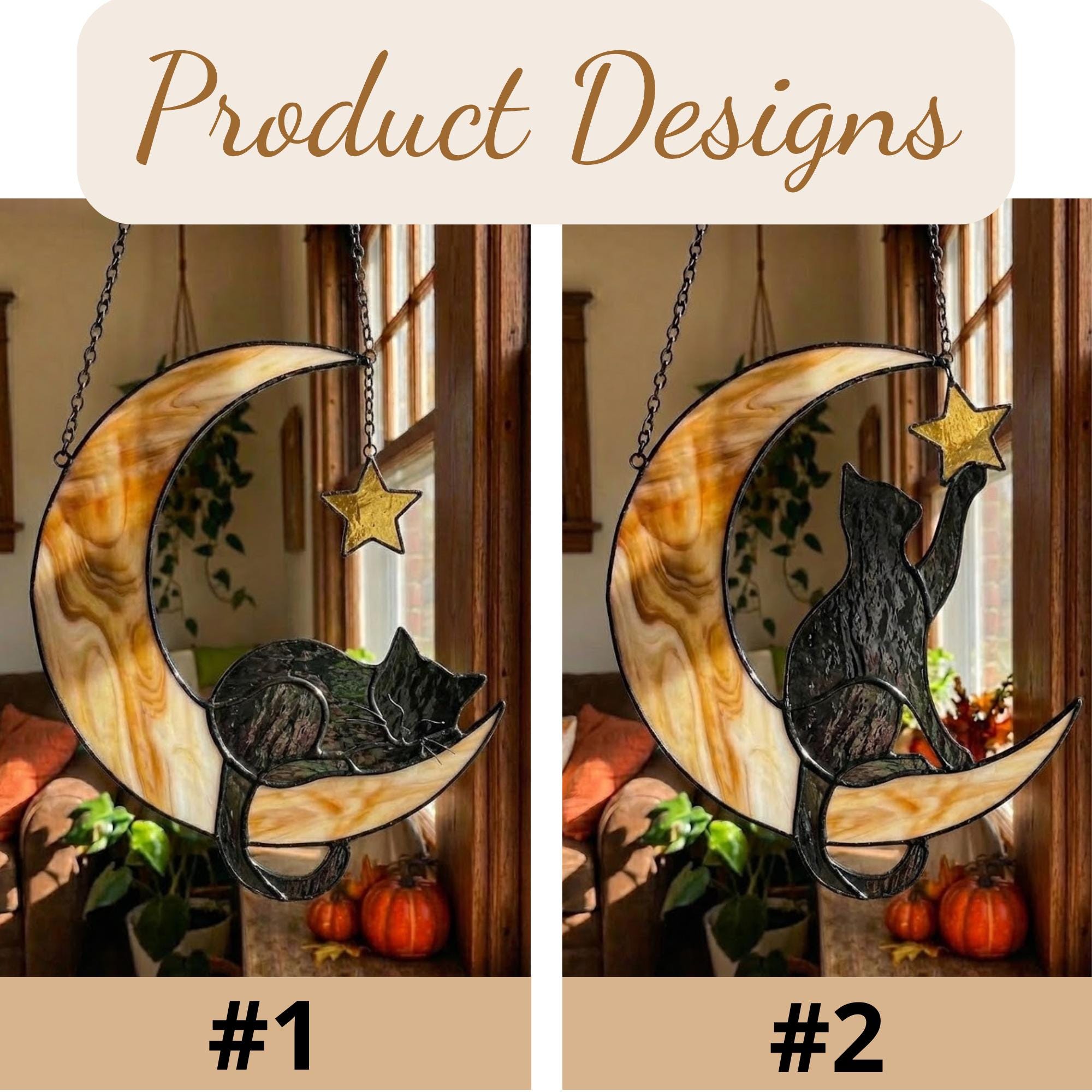 Stained glass black cat on crescent moon suncatcher, celestial window hanging with star, witchy decor and pet memorial gift.