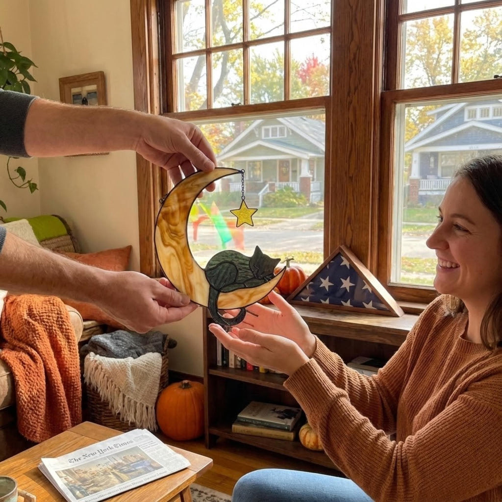 Stained glass black cat on crescent moon suncatcher, celestial window hanging with star, witchy decor and pet memorial gift.