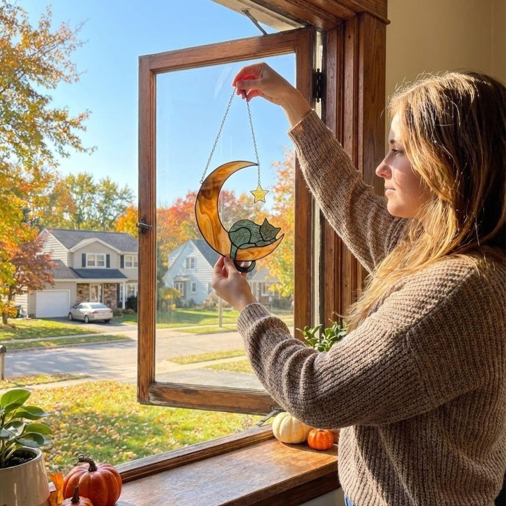 Stained glass black cat on crescent moon suncatcher, celestial window hanging with star, witchy decor and pet memorial gift.