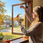 Stained glass black cat on crescent moon suncatcher, celestial window hanging with star, witchy decor and pet memorial gift.