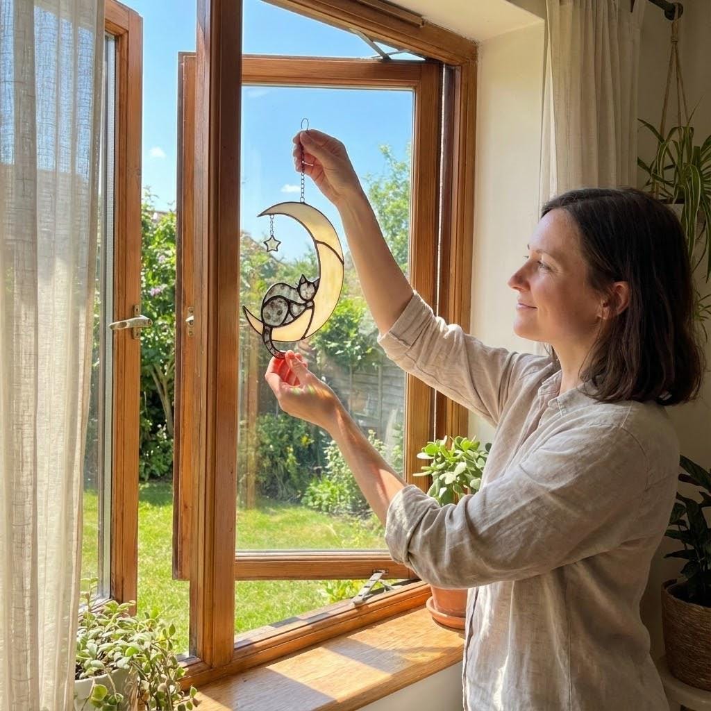 Stained glass black cat on crescent moon suncatcher, celestial window hanging with star, witchy decor and pet memorial gift.