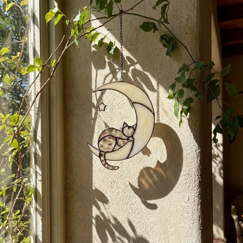Stained glass black cat on crescent moon suncatcher, celestial window hanging with star, witchy decor and pet memorial gift.