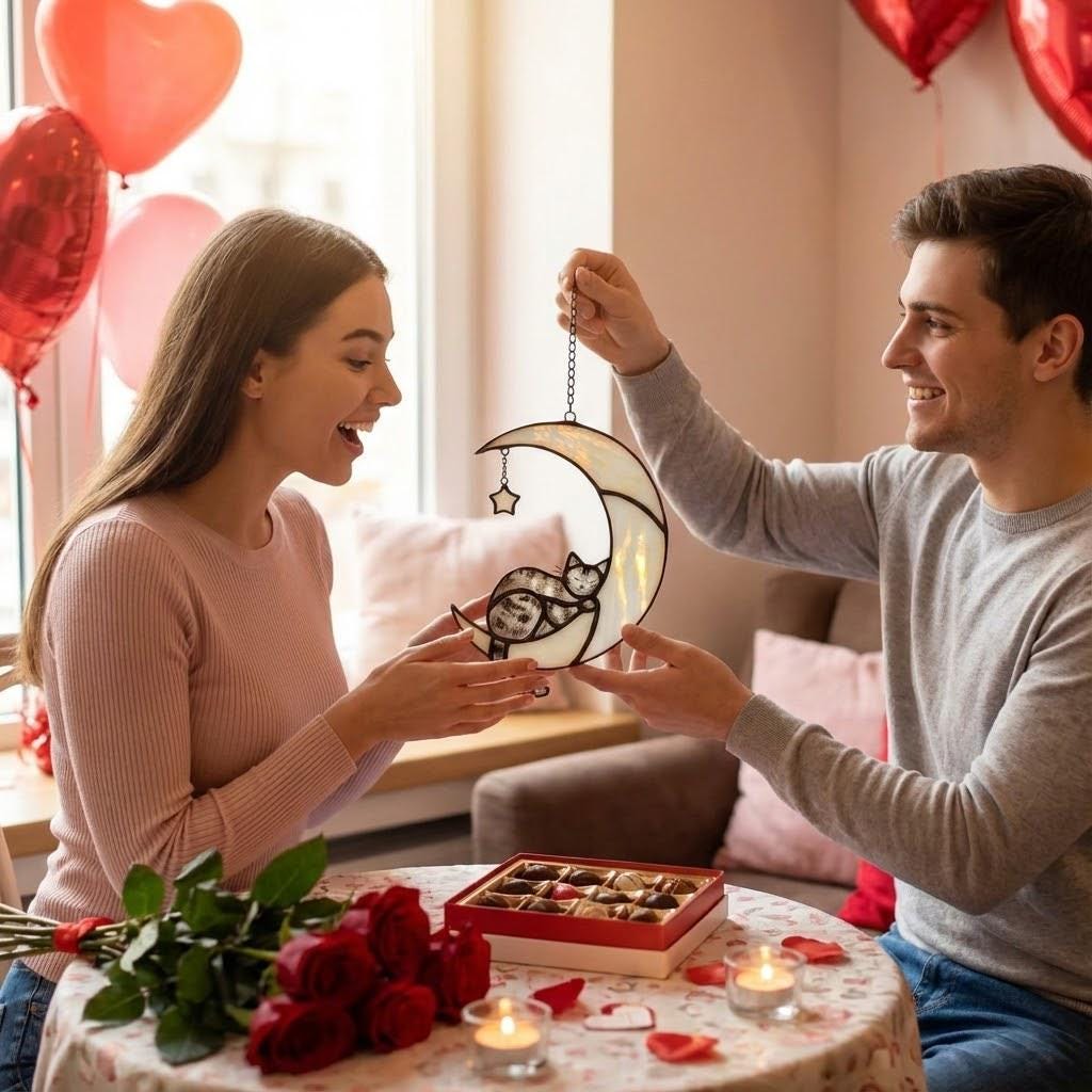 Stained glass black cat on crescent moon suncatcher, celestial window hanging with star, witchy decor and pet memorial gift.