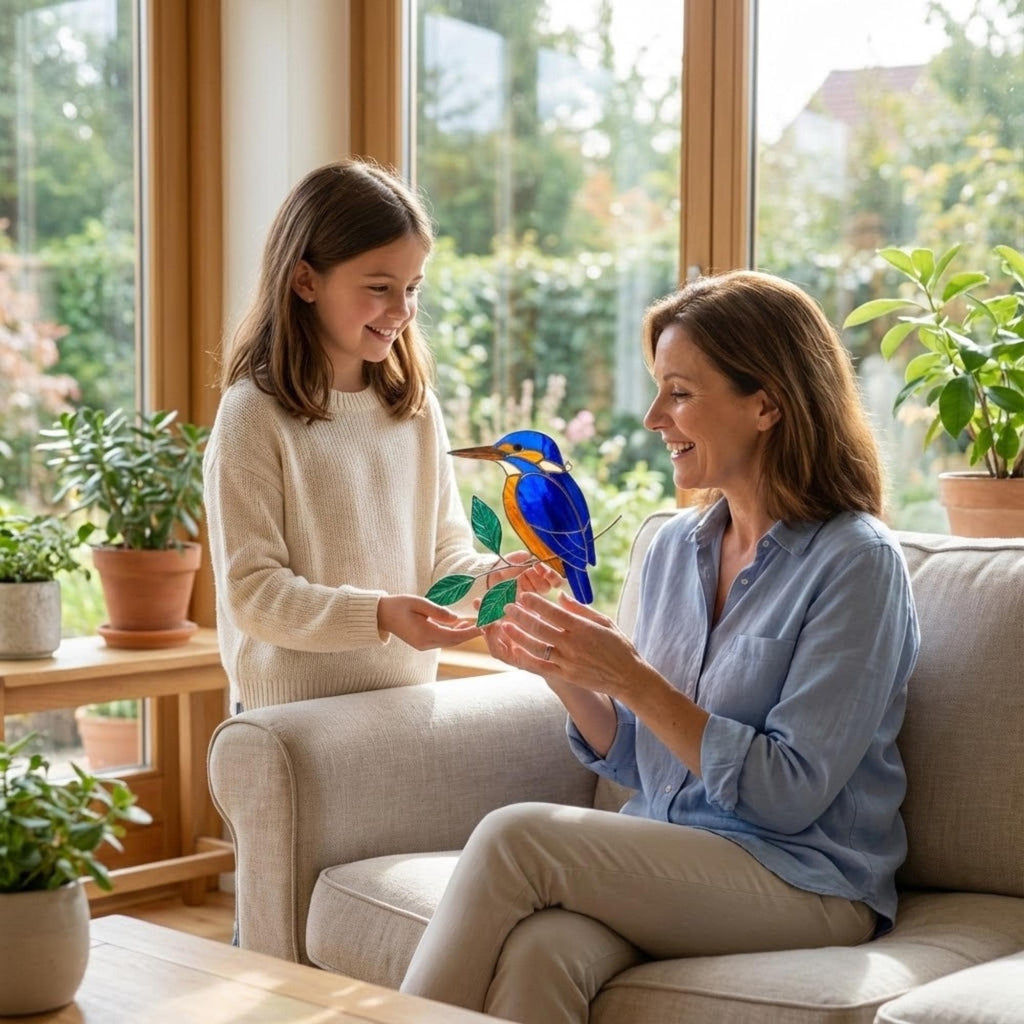 Vibrant stained glass Kingfisher bird suncatcher with blue wings and orange chest perched on a branch, displayed as window hanging or table decor.
