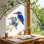 Vibrant stained glass Kingfisher bird suncatcher with blue wings and orange chest perched on a branch, displayed as window hanging or table decor.
