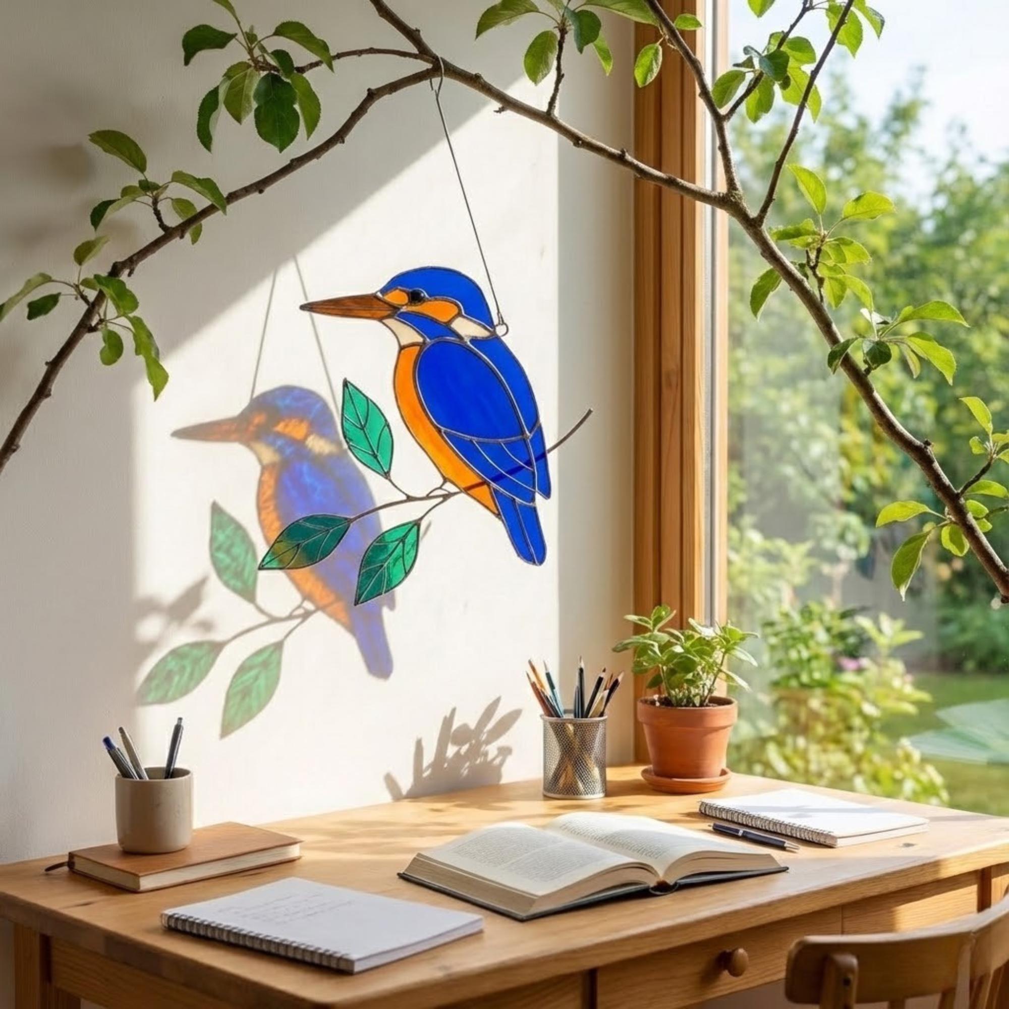 Vibrant stained glass Kingfisher bird suncatcher with blue wings and orange chest perched on a branch, displayed as window hanging or table decor.