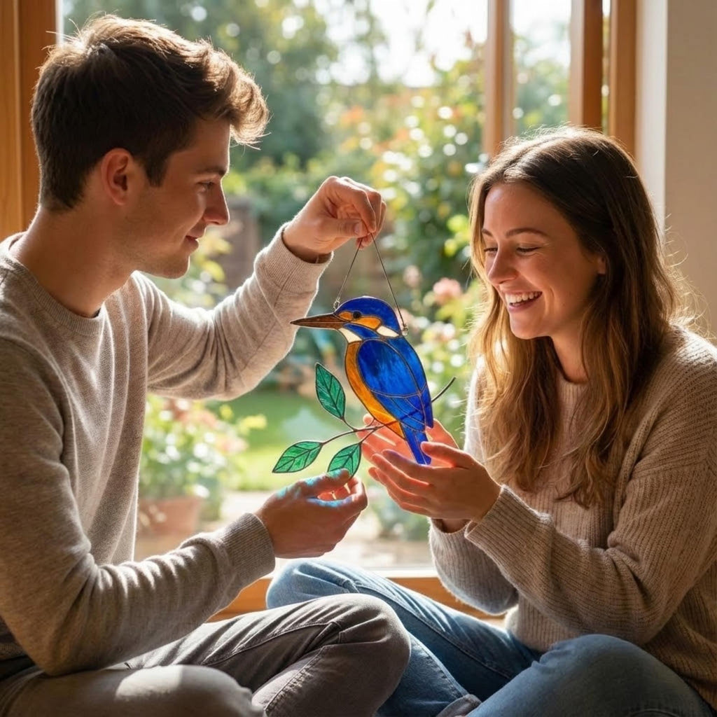 Vibrant stained glass Kingfisher bird suncatcher with blue wings and orange chest perched on a branch, displayed as window hanging or table decor.
