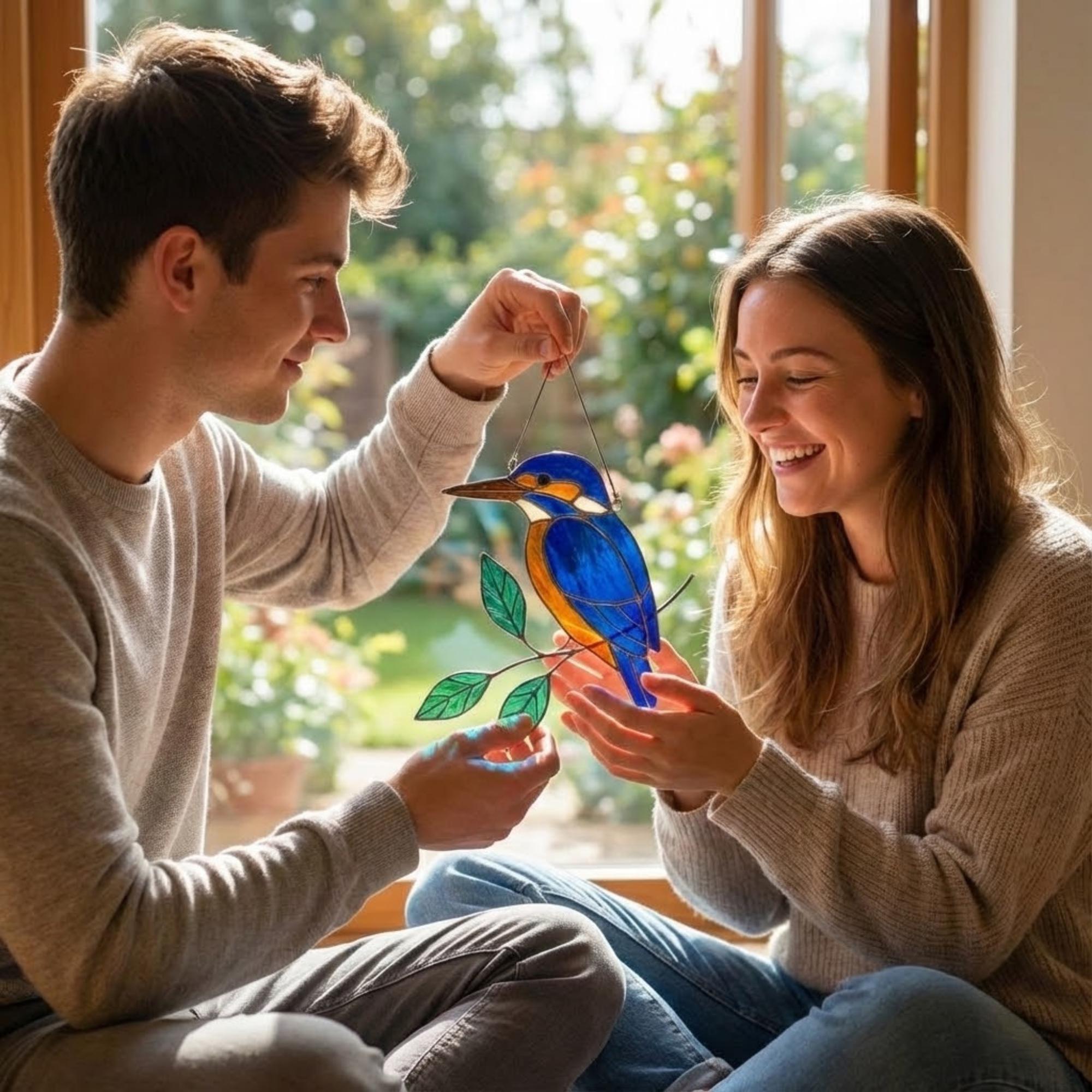 Vibrant stained glass Kingfisher bird suncatcher with blue wings and orange chest perched on a branch, displayed as window hanging or table decor.