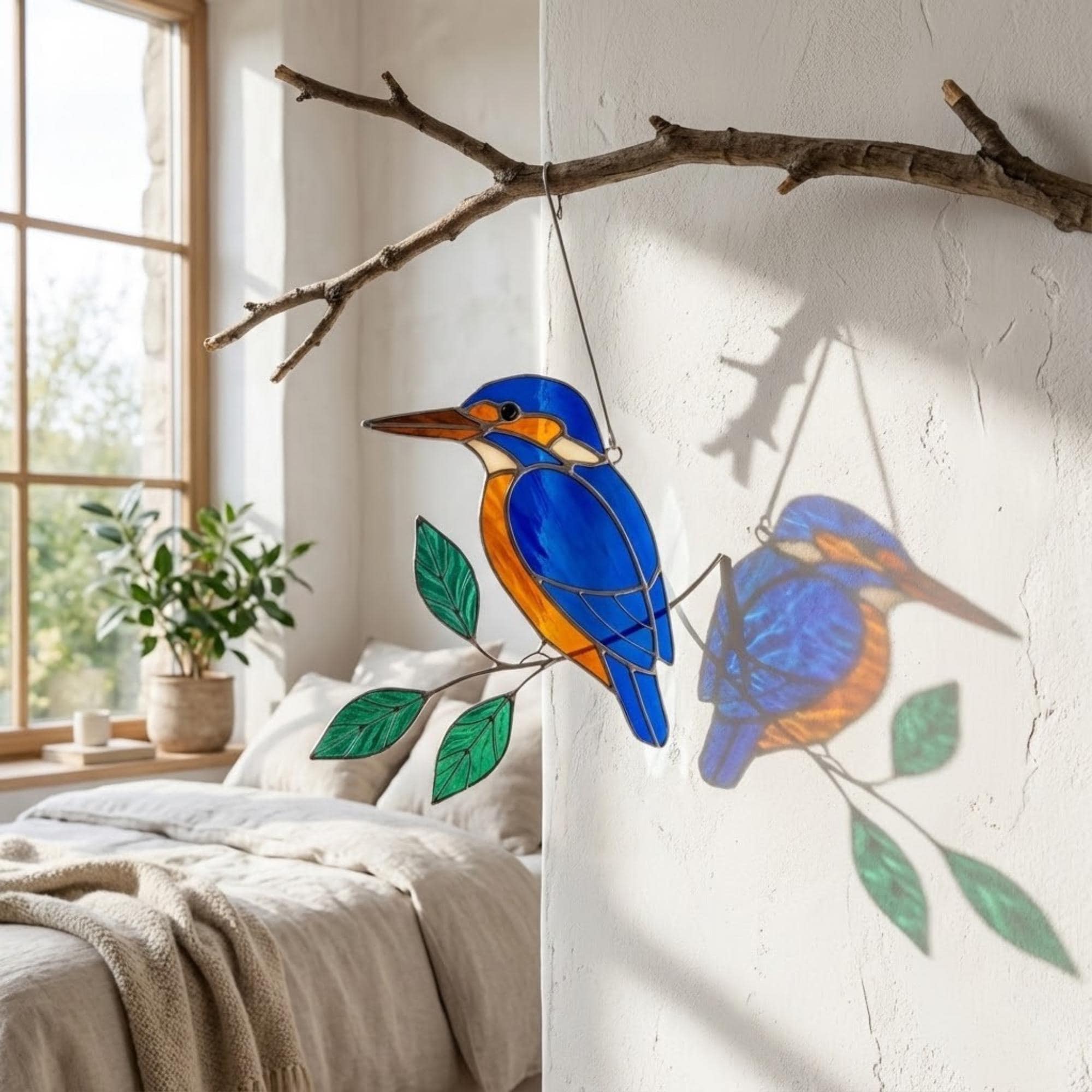 Vibrant stained glass Kingfisher bird suncatcher with blue wings and orange chest perched on a branch, displayed as window hanging or table decor.