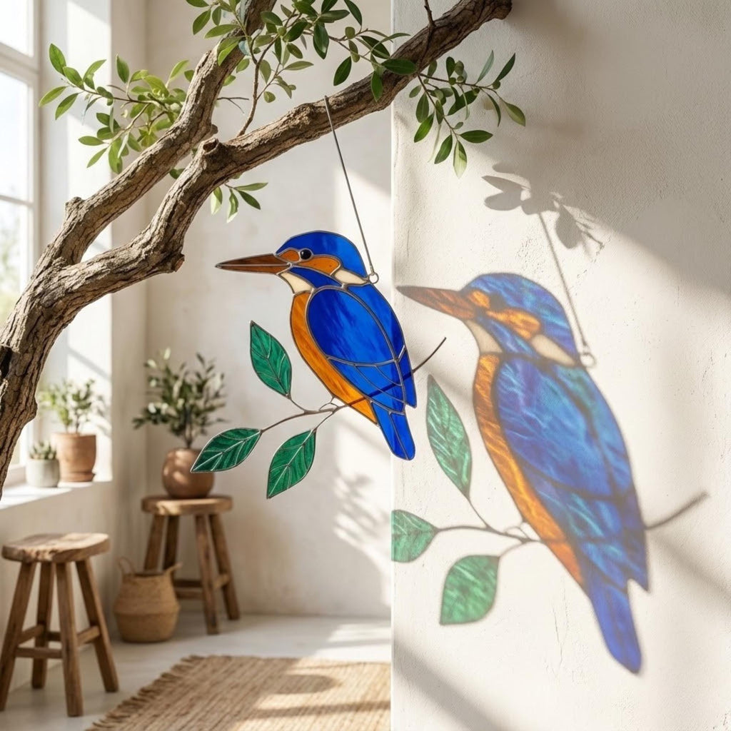 Vibrant stained glass Kingfisher bird suncatcher with blue wings and orange chest perched on a branch, displayed as window hanging or table decor.