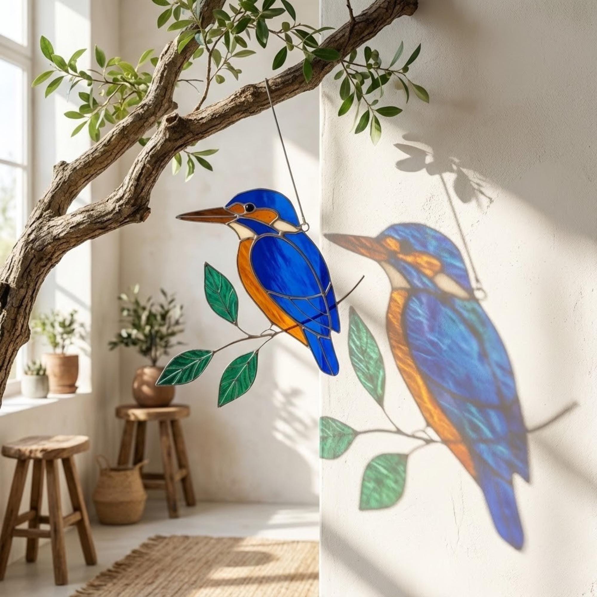 Vibrant stained glass Kingfisher bird suncatcher with blue wings and orange chest perched on a branch, displayed as window hanging or table decor.
