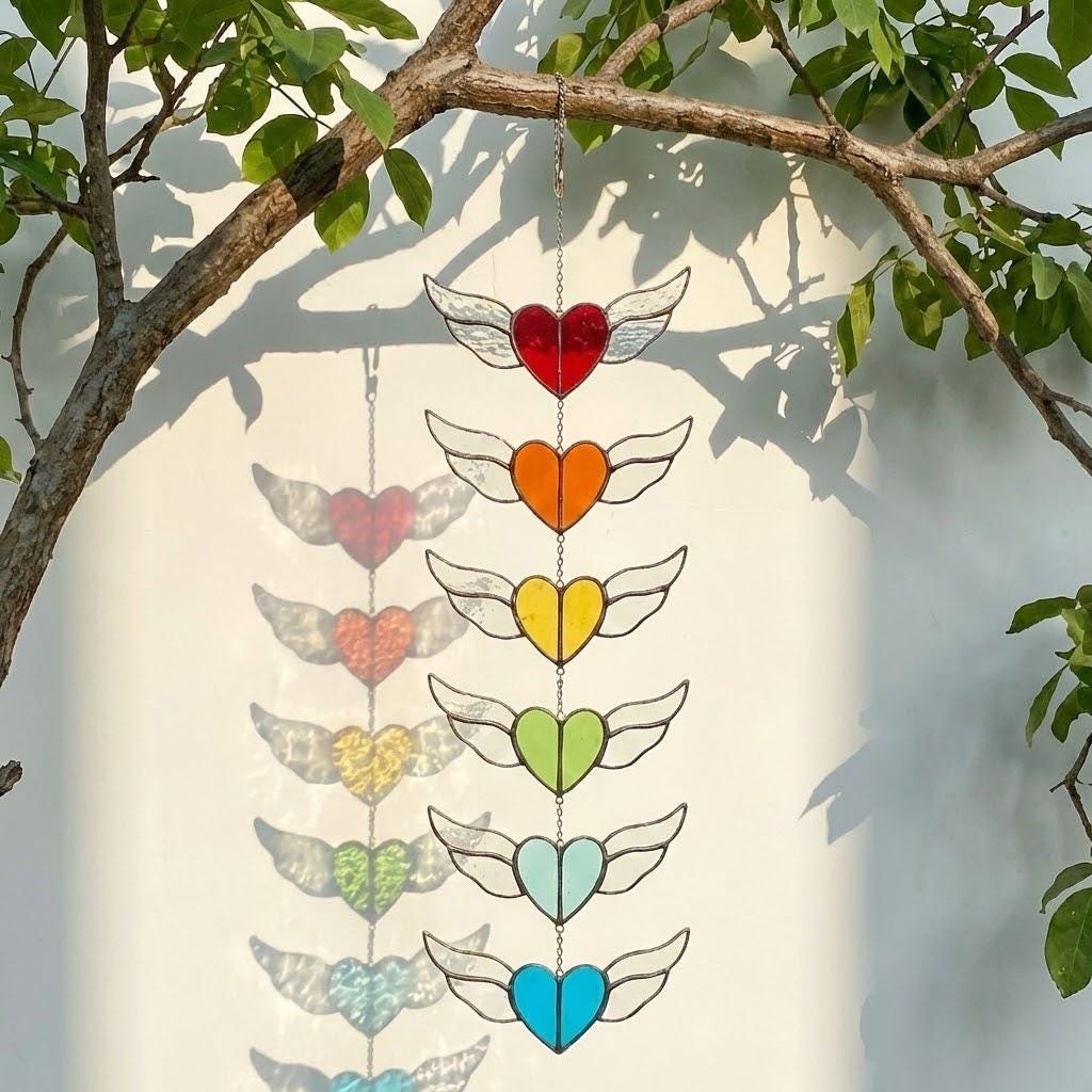 Stained glass heart suncatcher with angel wings in 7 chakra rainbow colors, hanging window decor for healing and valentine gift.