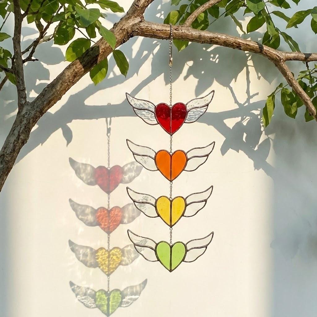 Stained glass heart suncatcher with angel wings in 7 chakra rainbow colors, hanging window decor for healing and valentine gift.