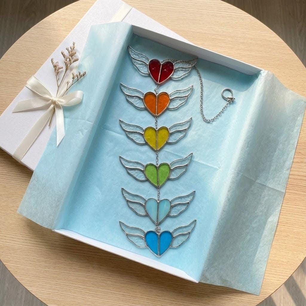 Stained glass heart suncatcher with angel wings in 7 chakra rainbow colors, hanging window decor for healing and valentine gift.