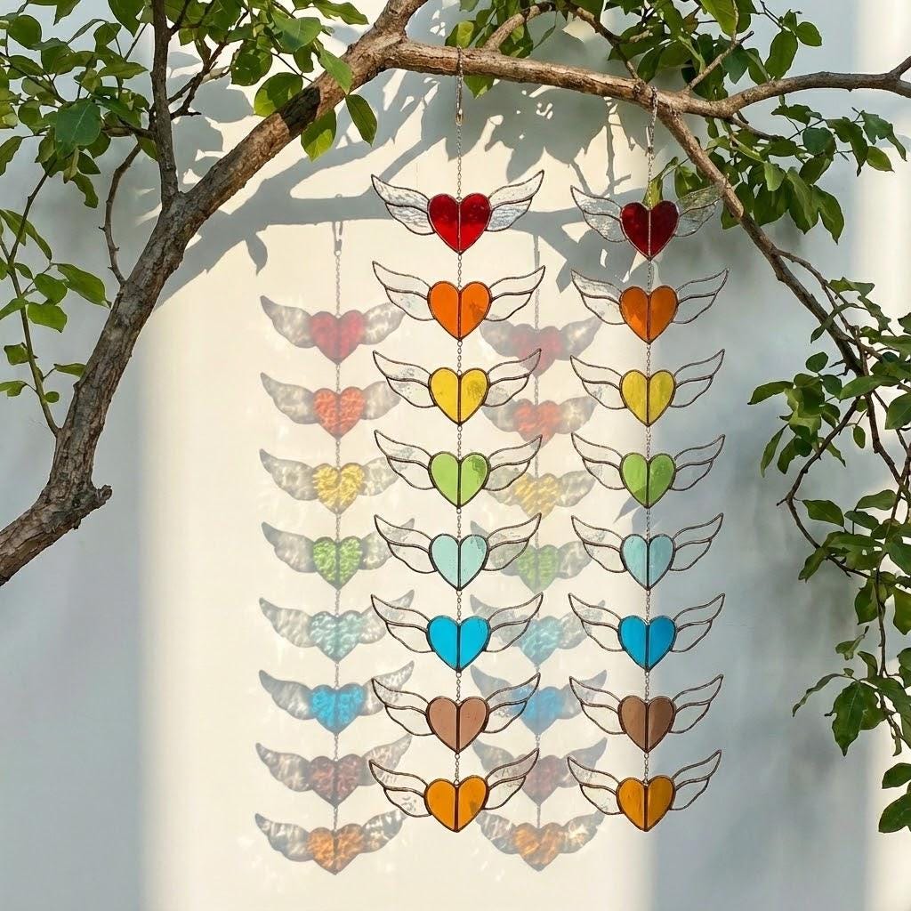 Stained glass heart suncatcher with angel wings in 7 chakra rainbow colors, hanging window decor for healing and valentine gift.